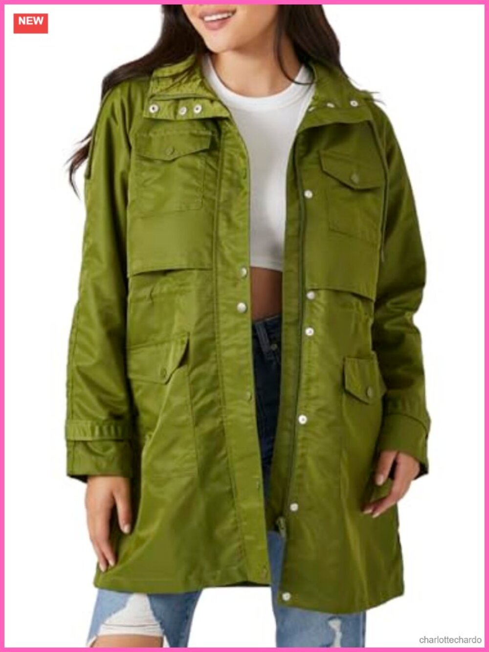 Forever 21 Drawstring Longline Trench Coat Snap Zip Hood Pockets